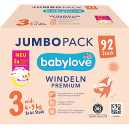 Babylove Підгузники преміум розміру 3 Midi, (4-9 кг), Jumbo Pack, 92 шт